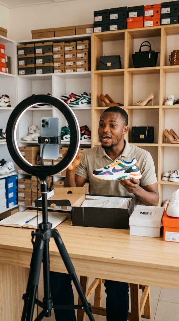 Un vendeur présente une basket pendant son live