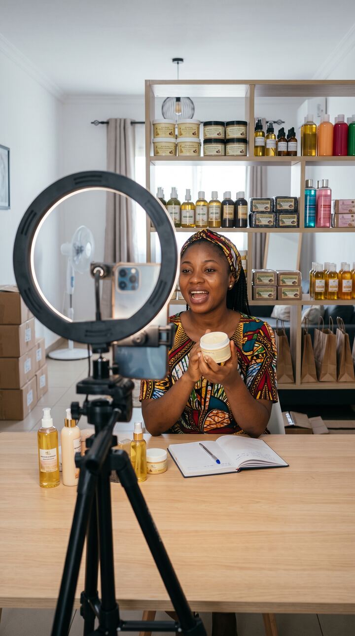 Une vendeuse présente un pot de crème pendant son live