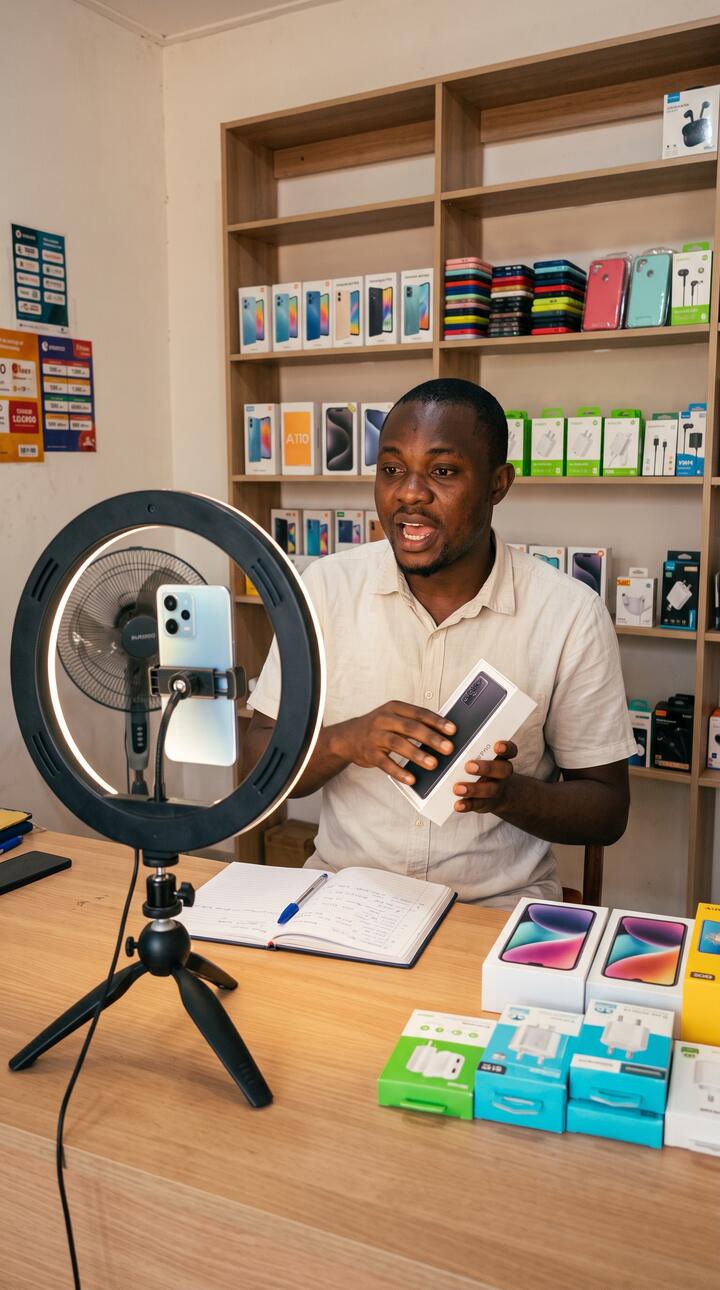 Un vendeur présente un smartphone pendant son live