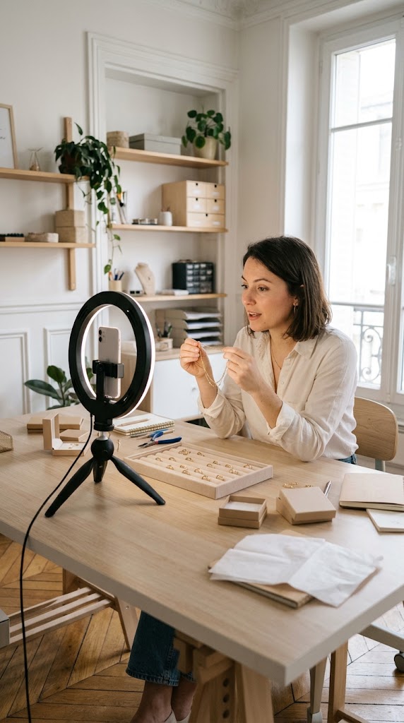 Une créatrice présente une chaîne pendant son live
