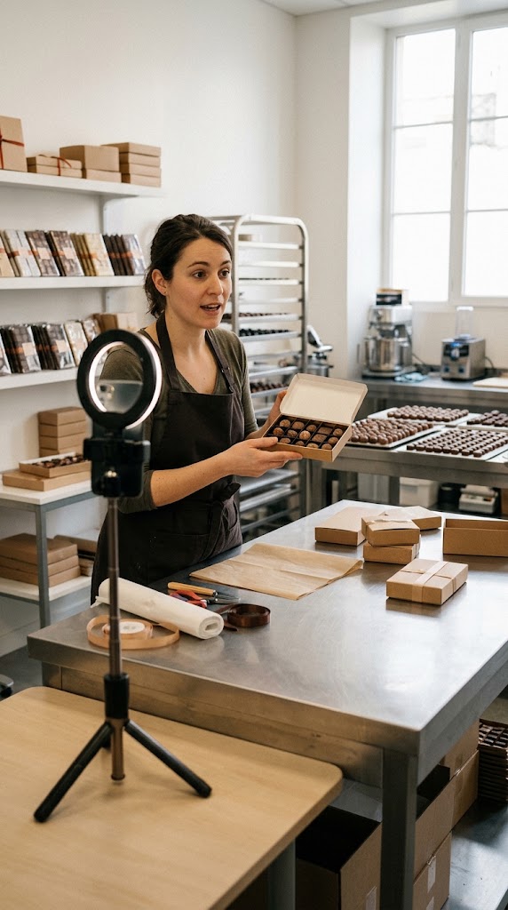 Une chocolatière présente une boîte pendant son live