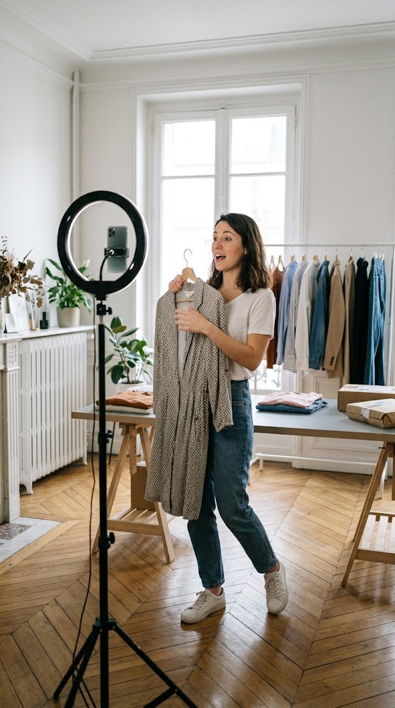 Une vendeuse présente une pièce de prêt-à-porter pendant son live