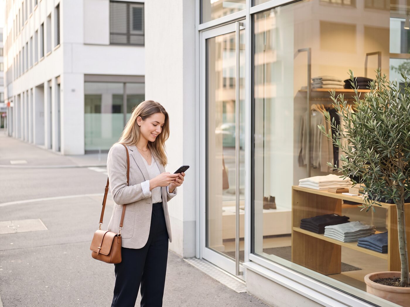 Une cliente consulte son téléphone devant la vitrine d’une boutique.