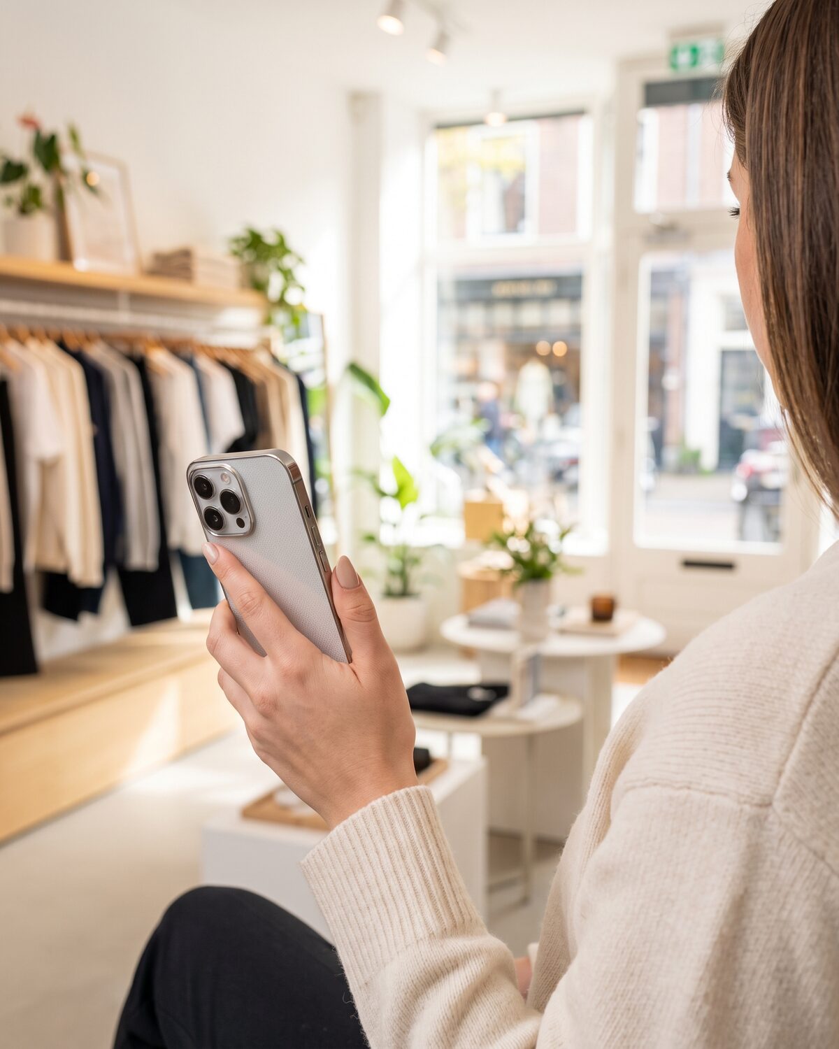Une commerçante tient son téléphone dans sa boutique.