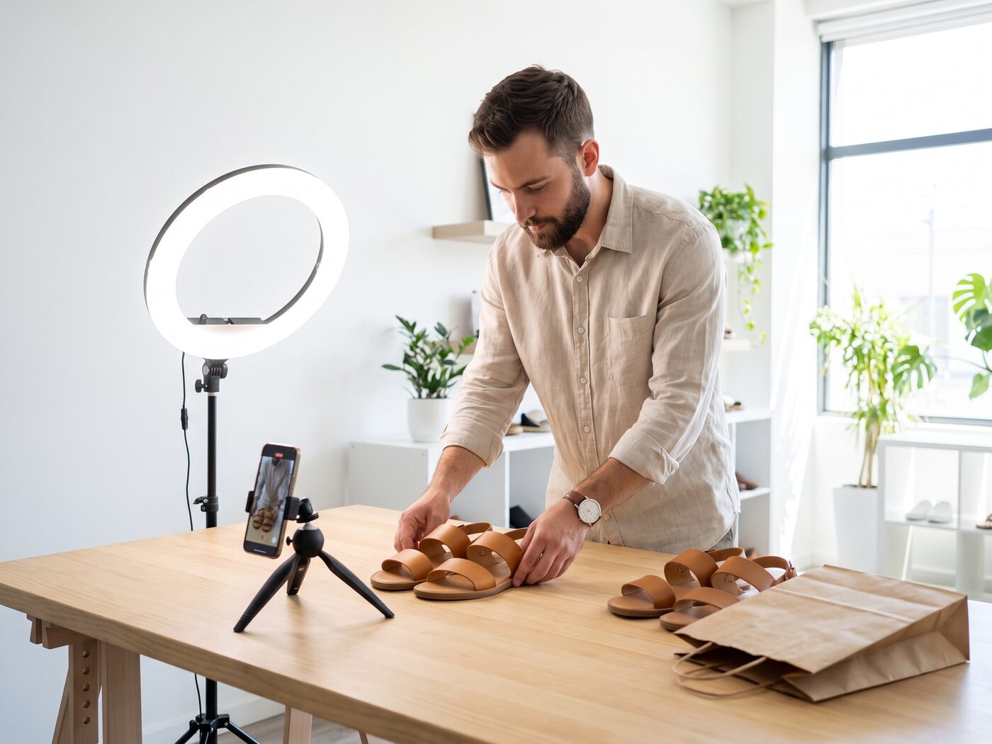 Un commerçant photographie un article au téléphone, sur trépied, sous un anneau lumineux.