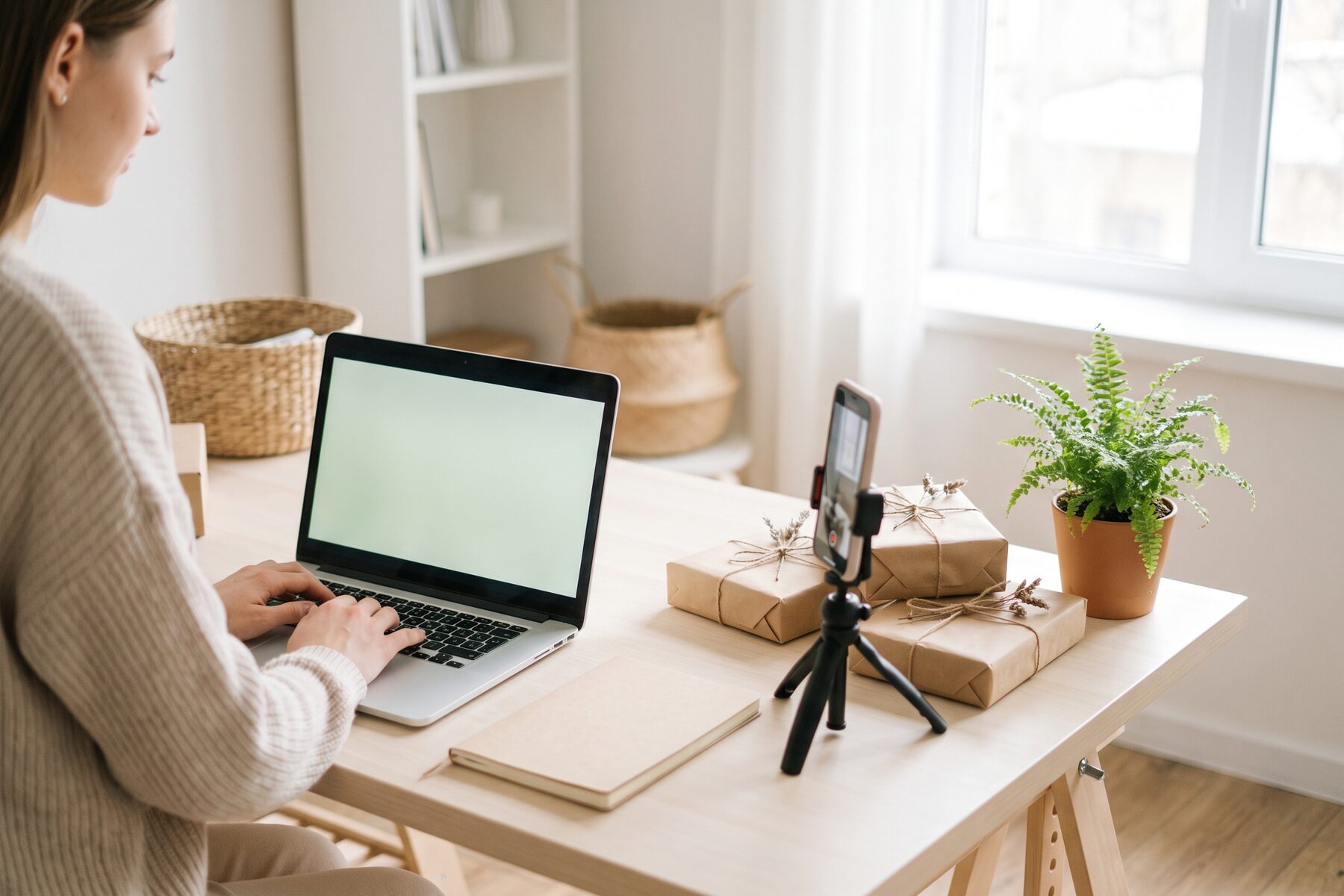 Le bureau d’une commerçante en ligne : un ordinateur portable et des colis prêts à partir.